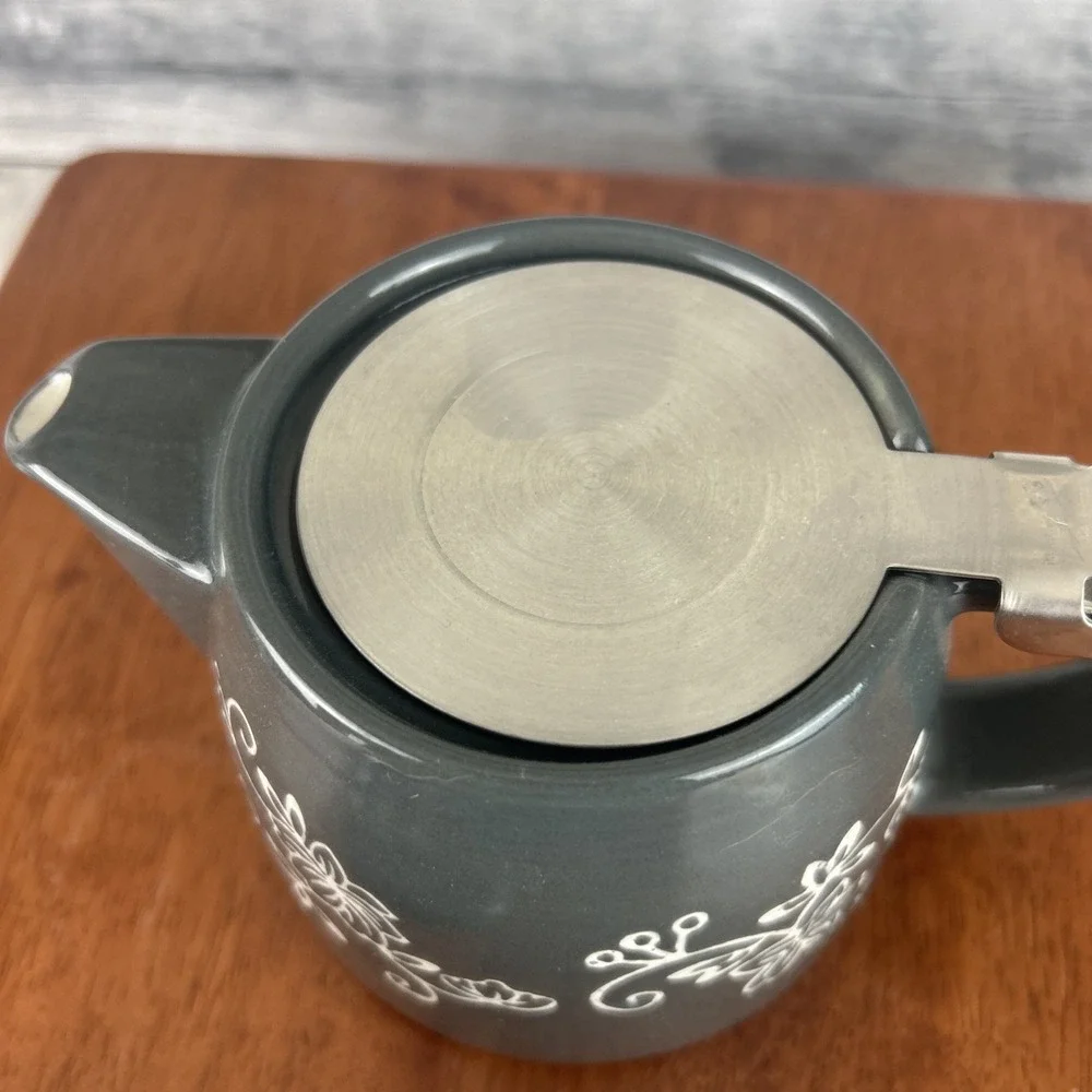 Temp-Tations by Tara Slate Blue Gray Floral Lace Teapot 18 oz Ceramic Beverage
